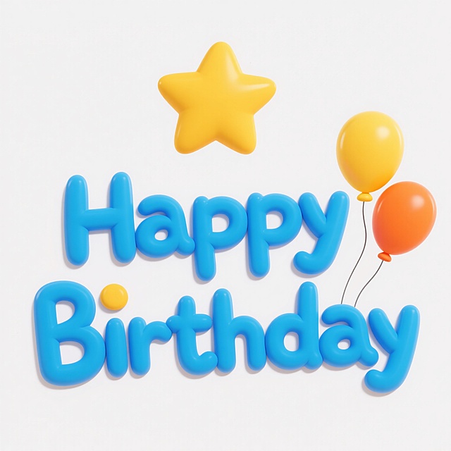 手绘风格生日主题艺术字设计，纯蓝色"Happy Birthday"立体卡通字体，字母边缘圆润饱满，搭配黄色五角星装饰和橙色黄色渐变气球，白色纯色背景，整体呈现活泼童趣的氛围，线条流畅自然，色彩明快鲜亮，充满节日欢快感。