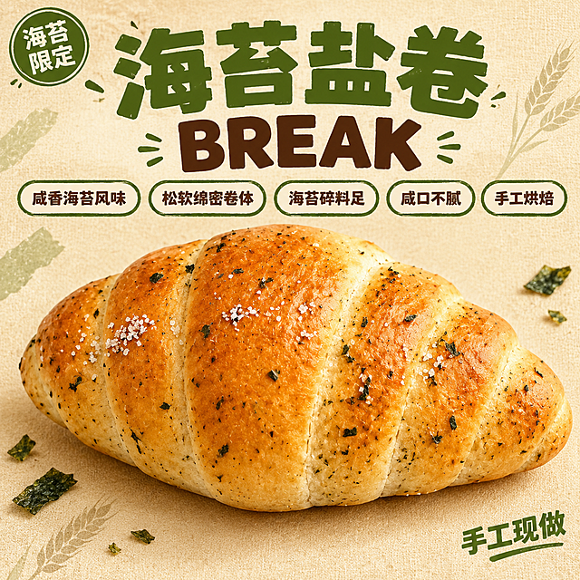 [单张主图] 海苔盐卷面包电商主图，小红书平台1:1比例，活泼市集风爆款促销感主图，同时承担点击、理解、信任、转化四个任务，突出食欲感与手工现做的温暖市集氛围。

[画面主体] 画面正中央C位放大展示一只完整的海苔盐卷面包，主体占画面约60%-65%，面包横向摆放，形态与输入产品图一致：螺旋卷状结构、金棕色表皮、表面散布深绿色海苔碎颗粒与白色粗盐粒，面包看起来蓬松饱满、松软绵密，海苔碎细节清晰可见、料足感强，表皮有自然烘焙光泽，整体诱人有食欲。面包底部有轻微自然投影，稳稳放置不悬浮。

[构图版式] 采用「顶部大标题型」版式：顶部约25%区域放主标题和卖点标签；中部为面包大主体，占据视觉中心；底部和左右留白处分布卖点信息；右下角留小字位置。整体信息分区清晰，不遮挡面包主体关键结构。

[场景元素] 背景为浅米色肌理质感，类似手工烘焙纸或粗麻布纹理，温暖柔和，简约不杂乱，画面四周预留适度空白方便打印KT板。背景中可隐约点缀极淡的海苔叶片剪影、小麦穗图案或面包刻度线等市集风装饰元素，非常浅淡不抢主体。画面左上角可加一个小小的海苔绿圆形印章式标签，增加手作市集感。

[文案版式] 所有文字均为粗黑体，醒目粗厚，适合远距离路人一眼看清。
- 顶部主标题：分两行居中排列，第一行「海苔盐卷」四个超大粗体字，海苔绿色；第二行「BREAK」稍小的粗体英文，深棕色。主标题字号最大，是画面第一视觉层级。
- 主标题下方左右两侧各分布2-3个圆角矩形卖点胶囊标签，暖米白底+海苔绿粗边，内文为粗体深棕色字，分别写：「咸香海苔风味」「松软绵密卷体」「海苔碎料足」「咸口不腻」「手工烘焙」，标签大小一致，排列整齐，不压面包主体。
- 右下角小字：「手工现做」四个稍小的粗体字，海苔绿色，位置靠右下角留白处。

[光影质感] 自然暖光从斜上方照射，面包表皮有柔和高光和自然阴影，体现蓬松体积感与烘焙质感。整体光影温暖明亮，不生硬不冷淡，有手工烘焙市集的温暖氛围。背景肌理柔和有层次，不抢主体。

[配色字体] 主色：暖米色（背景）、海苔绿（标题、标签边框、强调字）；辅助色：金棕色（面包本体）、深棕色（辅助文字）、白色（标签底、盐粒高光）。字体全部使用粗黑体/粗无衬线体，字重厚重醒目，主标题字重最粗最大，卖点标签字重次之，右下角小字最小。整体色彩明快温暖，活泼有市集感，拒绝高级冷淡风。

[比例分辨率] 图片比例1:1正方形，2k高清分辨率，文字清晰锐利可辨，面包细节清晰。

[负向提示词] 禁止变形、错字、糊字、水印、平台Logo、伪Logo、主体遮挡、背景杂乱、低清晰度、错误面包结构、冷色调、高级冷淡风、黑色背景、杂乱元素堆砌、人物面部、手指畸形、悬浮感、硬切边缘、白底残留。
