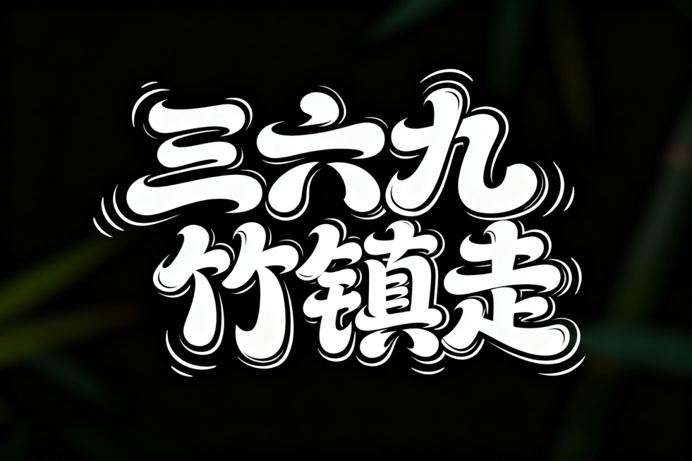 文字内容:三六九竹镇走
字体风格:童趣风格字体
字体描述:大胆艺术的中文字体设计，扭曲且重叠的字符，动态不规则的字形流动，创意的笔画扭曲和融合，现代抽象风格，粗细线条交替，既具可读性又富有艺术感，字体预览效果
