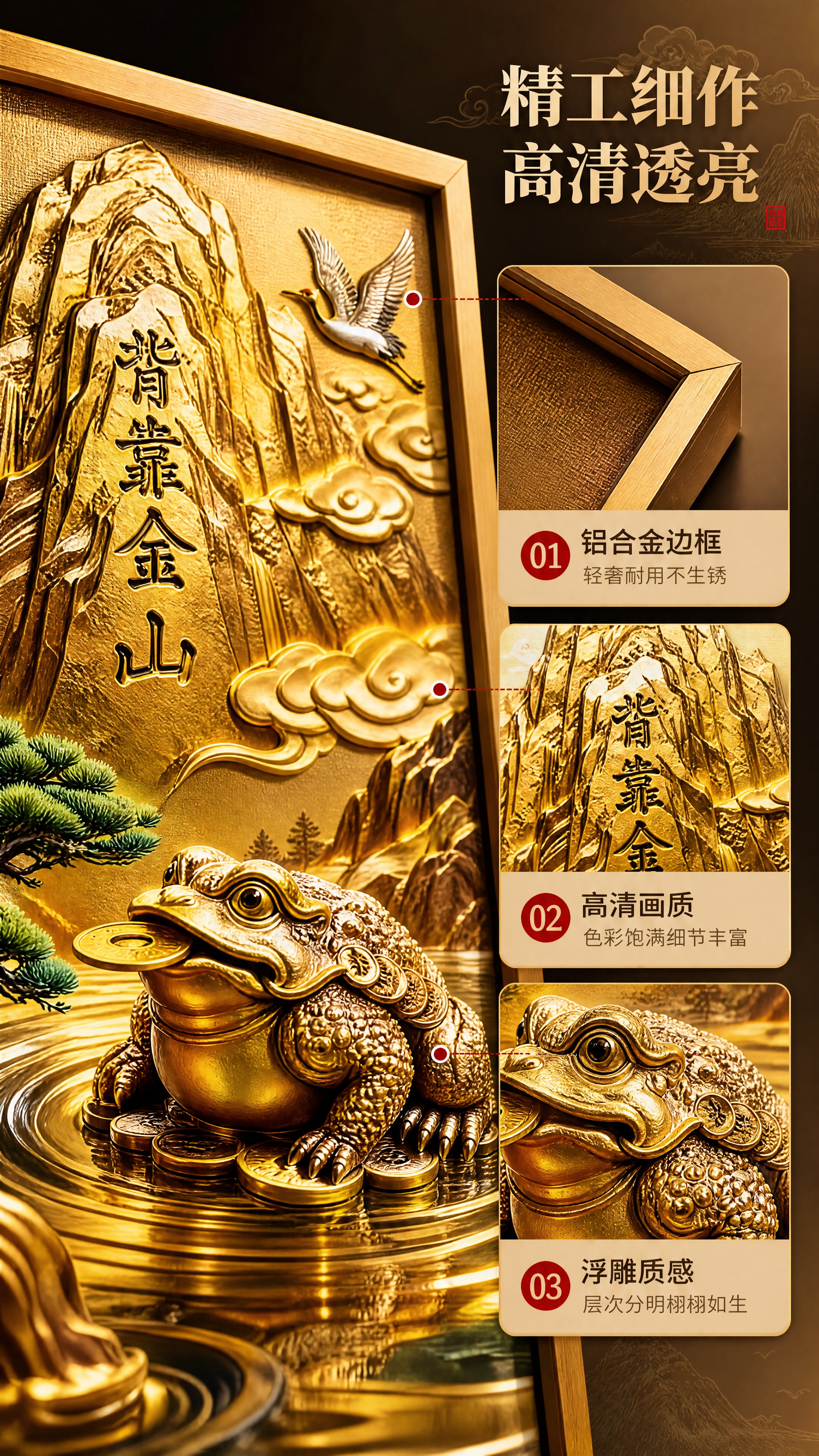 [商品] 使用【图1】背靠金山金蟾装饰画；保留金色铝合金方形边… - 图片创意预览