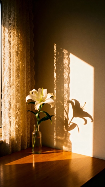 Cinematic still of a single white lily in a glass vase, placed on a sun-drenched wooden table near a预览效果