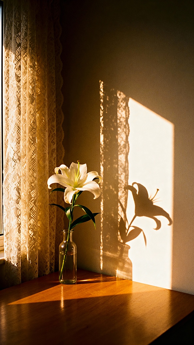Cinematic still of a single white lily in a glass vase, placed on a sun-drenched wooden table near a window, soft sunset light filtering through lace curtains creating mottled shadows on the wall, minimalist composition, massive negative space above, Kodak Portra 400 style, film grain, dreamy atmosphere --ar 9:16 --v 6.0