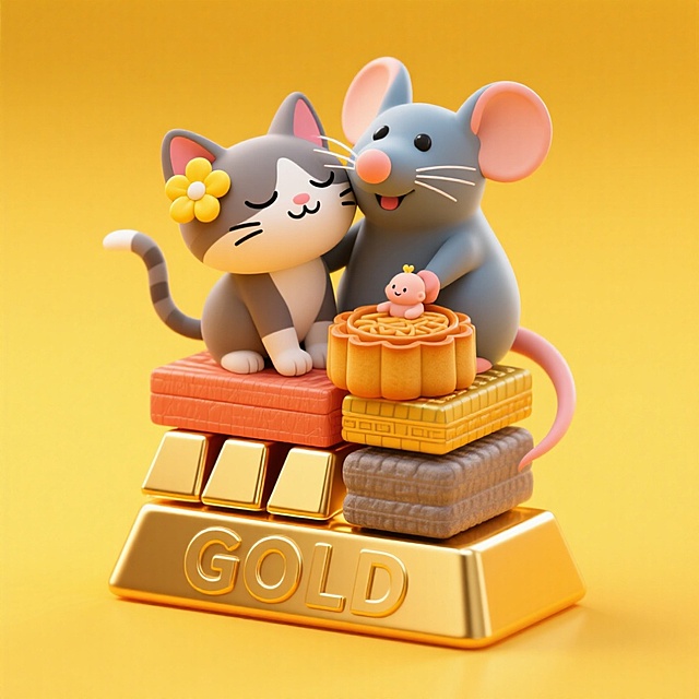 大兔带着黄色小花装饰（闭眼微笑）姿态亲昵地与身旁的迷你嫦娥互动，迷你小嫦娥依偎着大兔旁在二层堆叠月饼上，暖黄色背景  把兔子和嫦娥改成猫和老鼠  老鼠变大 猫变小  底下那块月饼变成金条 金条上刻上“GOLD"字样 月饼上再加一个小BB