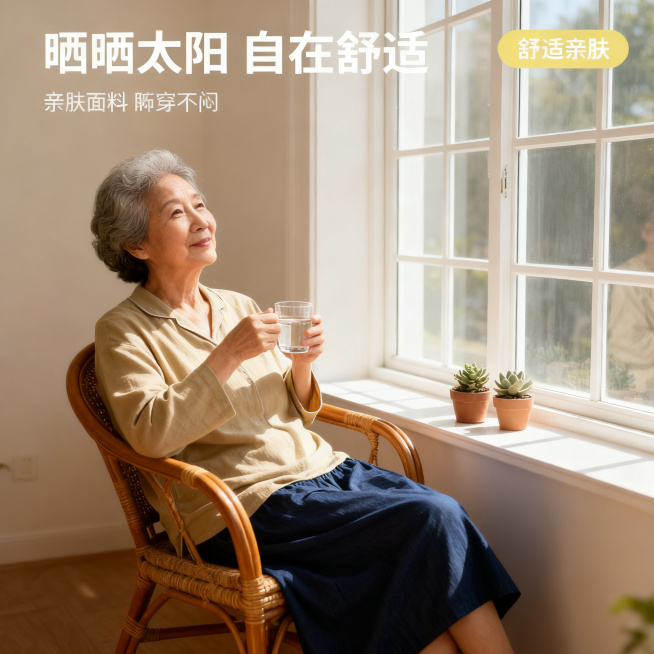 62岁亚洲面孔老奶奶身着浅卡其色家居服，穿着深蓝色隔尿裤裙（裙长70cm，比例适中无过长，裤裙外观与提供的原图完全一致），坐在阳光窗台边的藤椅上晒太阳，手里捧着一杯温水，神态惬意；背景为简约阳光窗台，预览效果