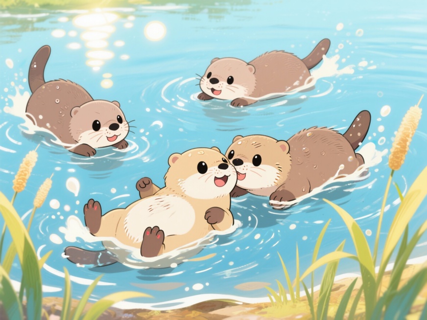 帮我生成一幅童趣卡通风格，清透的浅蓝色湖水波光粼粼，暖乎乎的阳光洒在水面，飘着亮晶晶的光斑和软软的小涟漪，湖边长着几丛嫩黄嫩绿的小芦苇，轻轻晃呀晃，背景干干净净的超清爽。几只圆滚滚软乎乎的小水獭在水里预览效果