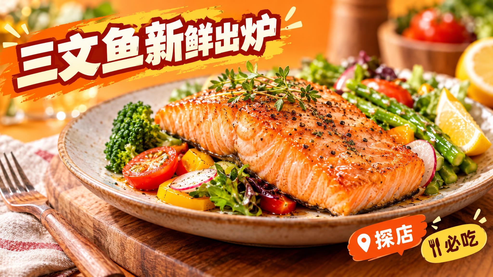 活力美食风格，暖橙色背景，画面中心是一盘色泽诱人的三文鱼，搭配… - 图片创意预览