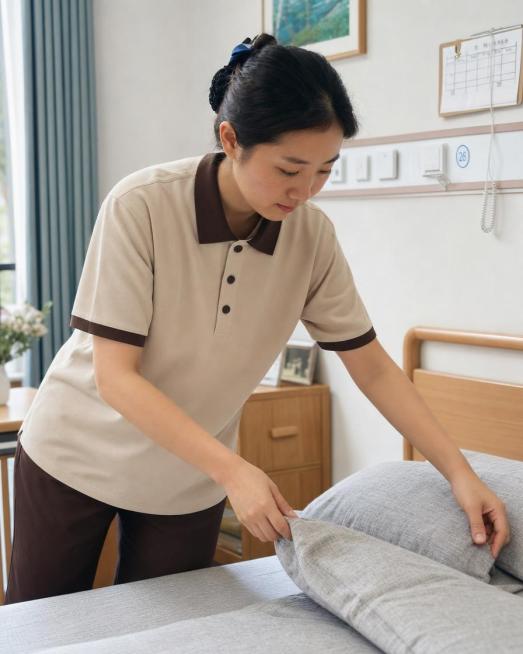 养老院场景中，护工穿着米色拼深棕色领口袖口polo衫，领子袖口扣子细节和参考产品图一致，单人护工整理床铺，工作状态，手机实拍随手拍风格，展示衣服面料细节质感，光影自然真实，普通颜值普通人脸，完美双手五预览效果