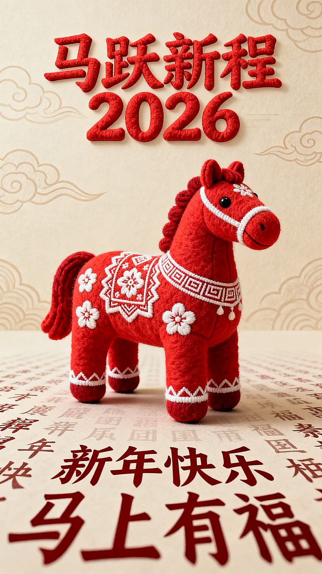 软3D刺绣风红马，融合国潮与民族元素，浮雕质感文字呼应喜庆中式年味，2026新春祝福跃然眼前。
