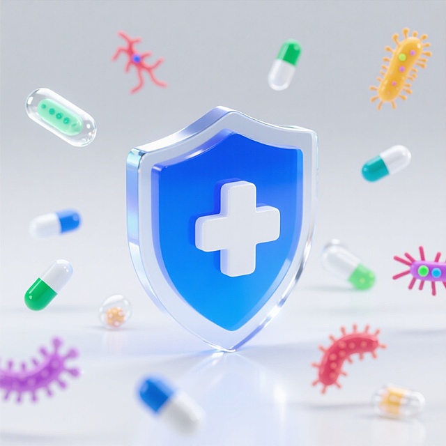 科技感十足的3D玻璃风盾牌，融合轻拟物设计，清透质感中展现未来医疗防护概念，环绕胶囊与病毒元素，象征健康守护。