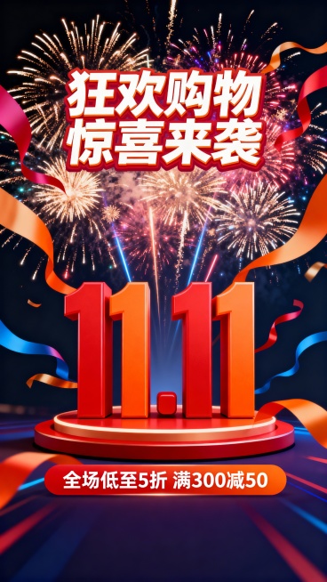 双十一促销海报，正中间有醒目的立体“11.11”主题数字，红色和橙色为主色调，背景是绚烂的烟花绽放效果，有飘逸的彩带从四周向中心汇聚，上方有“狂欢购物 惊喜来袭”的艺术字标题，下方有“全场低至5折 满预览效果