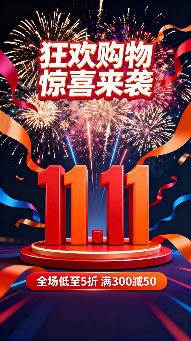 3D立体大字搭配霓虹光效，金属质感数字“11.11”置于炫彩舞台，烟花与粒子流营造喜庆氛围，强化促销感与节日狂欢体验。