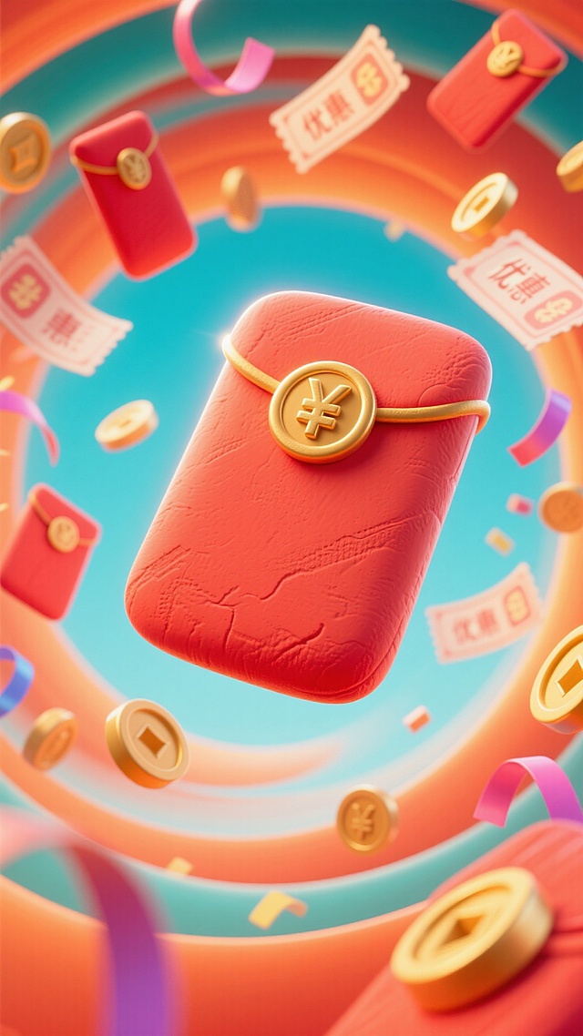 前景是一个大的红色红包悬空（带着“￥”符号的金扣），背后散发着光芒，背景是一个节日漩涡，橙红渐变色的漩涡中有许多红包、金币、优惠券、彩带等。热闹氛围。