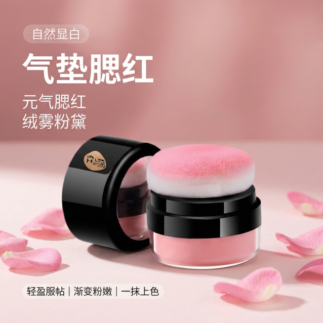 [主图 1] 气垫腮红产品首图，打造粉嫩氛围感美妆主图
[氛围/风格] 高级清新美妆风，通透水润亮调，柔光自然窗光，纯净少女感
[画面元素] 原产品外观保持不变，产品居中摆放，浅粉色渐变柔焦背景，搭配预览效果