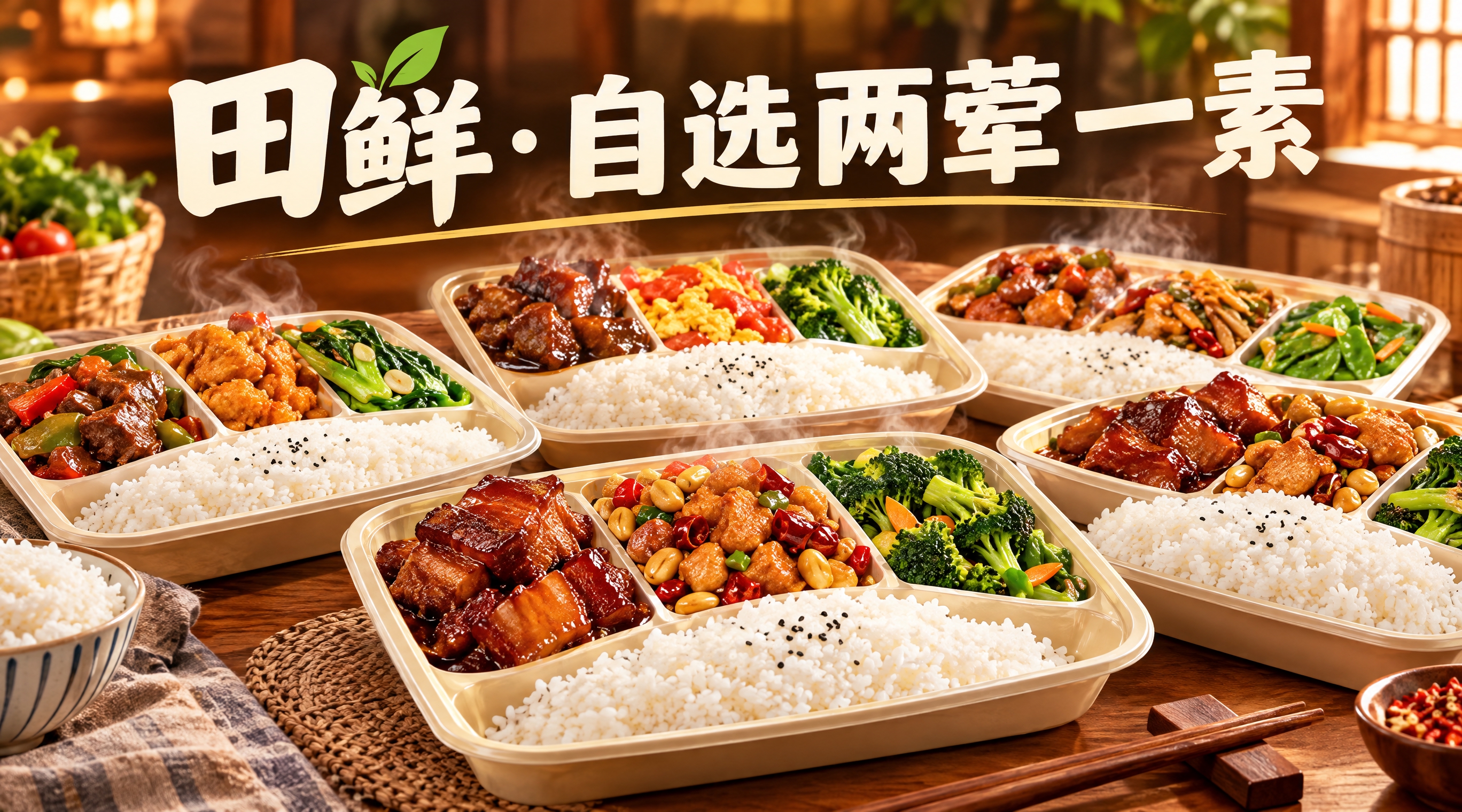 餐饮店招设计，店名"田鲜·自选两荤一素"，写实美食摄影风格，画… - 图片创意预览