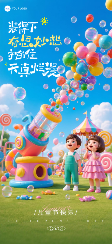 六一儿童节梦幻卡通3D风可爱手机海报预览效果