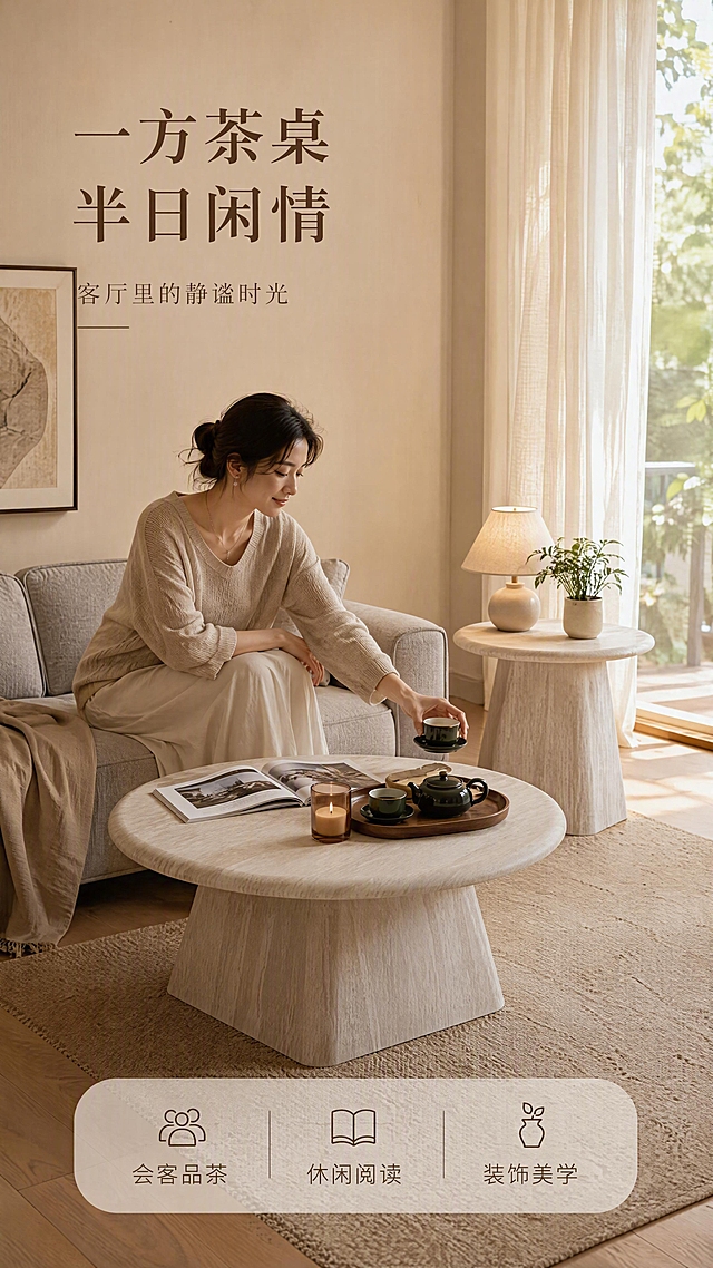 [第5张] 场景沉浸页-客厅真人使用态展示。本张使用【图1】中茶几边几组合作为场景中的家具主体。
[氛围/风格] 温馨侘寂风客厅生活场景，午后暖光，慵懒舒适的居家氛围，商业摄影质感。
[元素布局] 大号茶几置于浅灰色布艺沙发前，占比约35%；小号边几置于沙发右侧扶手旁，占比约20%；一位亚洲女性侧身坐在沙发上，手伸向茶几端起茶杯，姿态自然放松；茶几上摆放茶具托盘、翻开的杂志、香薰蜡烛；边几上摆放台灯和绿植；背景有落地窗、纱帘、木地板、装饰画；产品造型、纹理、颜色与输入图一致。
[光影质感] 右侧落地窗暖自然光为主光源，纱帘柔化光线，室内有暖黄台灯补光；产品表面有柔和高光，阴影自然，整体温暖治愈。
[配色色系] 全局底色 #F5F0E8（米杏色）；主色白洞石灰米色；辅助色浅灰沙发、木色地板、奶白纱帘；点缀色暖黄灯光、绿植翠色。
[视角构图] 45°斜侧平视，人物与产品互动为视觉中心，阅读动线顶部标题 → 中部人物与茶几 → 右侧边几。
[文字版式] 左上角主标题「一方茶桌 半日闲情」，副标题「客厅里的静谧时光」；底部通栏3个场景卖点图标+文字「会客品茶」「休闲阅读」「装饰美学」；文字不遮挡人物与产品主体。
[比例分辨率] 9:16竖版比例，4K分辨率，文字清晰可辨，高清画质。
[负向提示词] 产品变形，纹理颜色错误，人物面部畸形，人物比例失调，水印，文字过小，场景杂乱。