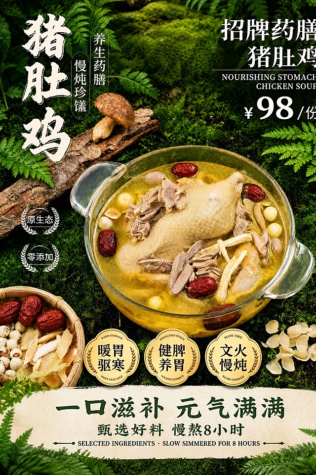 精确复刻参考图的版式、构图、配色与氛围，仅做以下修改：将价格数字68改为98。画面为竖版药膳猪肚鸡美食海报，森林苔藓绿植自然背景，中央玻璃锅盛金黄色猪肚鸡汤，内含整鸡、猪肚条、红枣、莲子、党参、百合等药膳食材。左上角竖排大字主标题"猪肚鸡"，旁附竖排小字"养生药膳 慢炖珍馐"。右上角标题"招牌药膳猪肚鸡"及英文"NOURISHING STOMACH CHICKEN SOUP"，下方价格"¥98/份"。左侧两枚徽章标签"原生态""零添加"。左下角竹篮盛放红枣、莲子、玉竹等药膳食材。底部三枚金色圆形卖点徽章"暖胃驱寒""健脾养胃""文火慢炖"。底部通栏米白底，主标语"一口滋补 元气满满"，副文案"甄选好料 慢熬8小时"及英文"SELECTED INGREDIENTS · SLOW SIMMERED FOR 8 HOURS"。整体绿色森系自然风格，暖金色点缀，写实商业美食摄影质感，光影柔和，食材新鲜诱人，版式精美，四周留安全边距。画面中所有文字必须与上述描述完全一致，不得改写、简化或编造；数字"98""8"必须精确渲染，不得错位、遗漏或编造。画面中所有信息区域必须填充完整合理的内容，不得出现空白框或占位。
