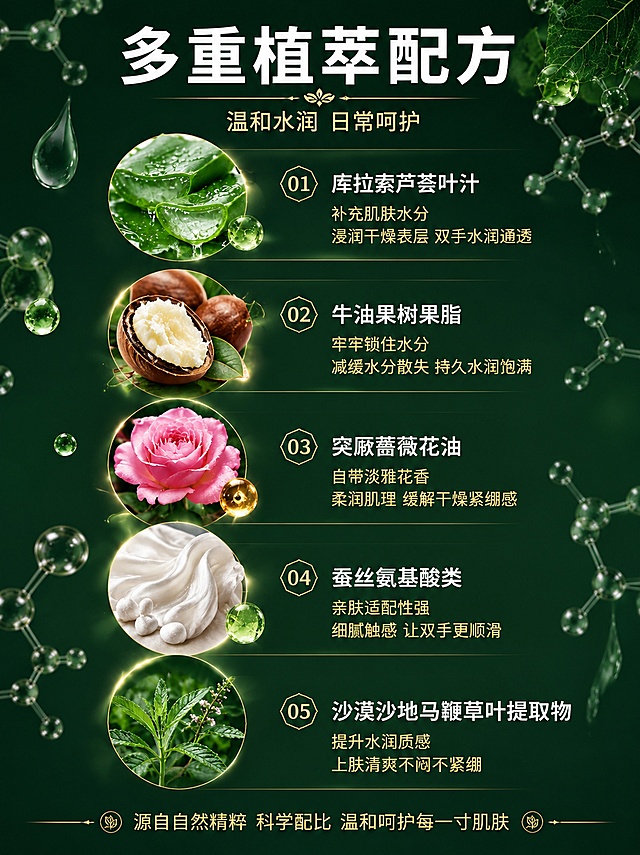 [第3屏] 植物伯爵保湿手霜植萃配方屏，竖版3:4比例。本屏使用【图3】作为参考基础，重制为竖版，统一深墨绿+金色文字色系。
[氛围/风格] 天然植萃科研感，成分大视觉，高级清新，商业摄影+插画混合质感。
[元素布局] 顶部标题区，中部五大成分呈上下排列，每个成分配圆形原料大图+名称+功效说明；背景深墨绿渐变，点缀分子结构和水滴元素；成分元素占画面60%以上；整体竖版纵向排列。
[光影质感] 柔光环绕，原料图有自然光泽，分子元素半透明发光，整体通透高级。
[配色色系] 全局底色 #163D2B 深墨绿；主标题白色，副标题金色，成分名称白色，功效说明浅金色。
[视角构图] 竖版上下流式构图，阅读动线顶部标题 → 五个成分依次向下排列 → 底部总结。
[文字版式] 顶部主标题「多重植萃配方」白色大号粗黑体，副标题「温和水润 日常呵护」金色小字；五个成分竖排，每个配圆形原料图+文字：「01 库拉索芦荟叶汁 补充肌肤水分 浸润干燥表层 双手水润通透」「02 牛油果树果脂 牢牢锁住水分 减缓水分散失 持久水润饱满」「03 突厥蔷薇花油 自带淡雅花香 柔润肌理 缓解干燥紧绷感」「04 蚕丝氨基酸类 亲肤适配性强 细腻触感 让双手更顺滑」「05 沙漠沙地马鞭草叶提取物 提升水润质感 上肤清爽不闷不紧绷」；底部小字「源自自然精粹 科学配比 温和呵护每一寸肌肤」金色；严禁出现滋养、舒缓、修护、抗氧化、抗皱、紧致、美白、祛斑等词。
[比例分辨率] 宽800px 高1067px，3:4竖版比例，4K分辨率，文字清晰可辨。
[负向提示词] 文字错乱，文字过小，水印，成分图模糊，背景杂乱，出现违禁功效词。