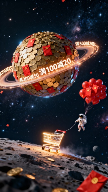 双11大促，宏大的太空场景，一个由金币和红包构成的星球，星环上是闪烁的“满100减20、满200减50、满500减200”字样，一个小小的发光购物车正驶向星球，宇航员人物在太空中漂浮，手中牵着一串红包预览效果