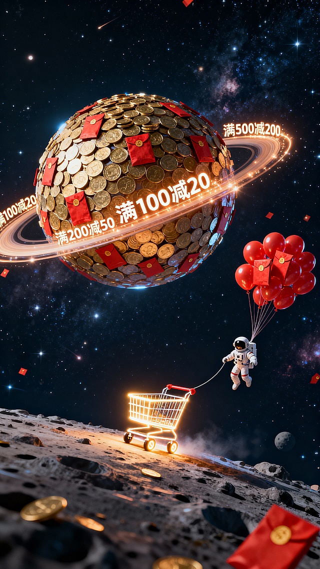 未来感3D宇宙场景，宇航员携红包气球拉动发光购物车，金币星球环绕促销标语，霓虹金属风与粒子光效交织，梦幻科技感十足，节日促销氛围浓厚。