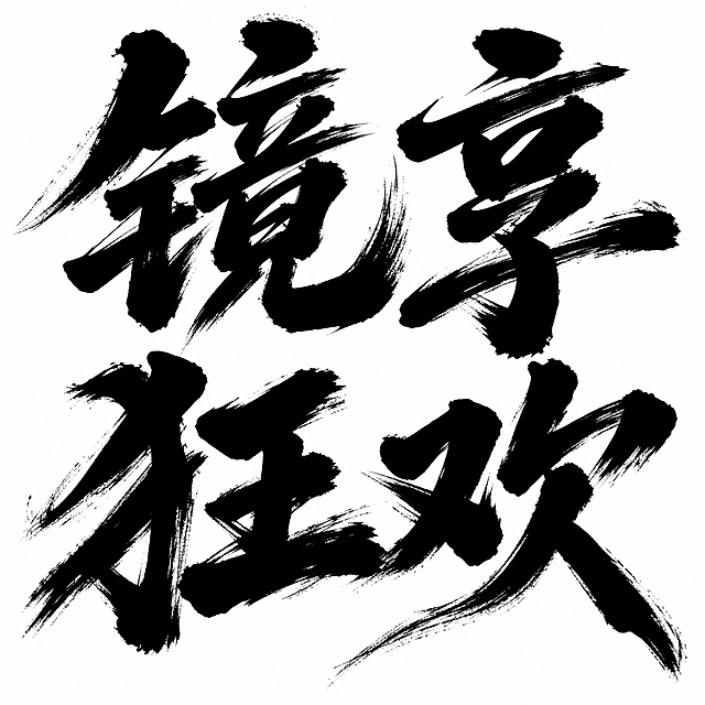 参考提供的图片风格，生成黑色毛笔书法字体“镜享狂欢”，苍劲有力的书法笔触，白色背景