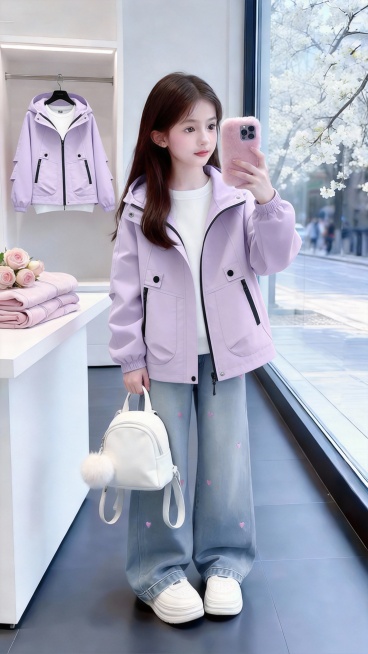 用图1的衣服替换图的2的人物穿的衣服和后面衣架上挂着的衣服已经桌子上折叠堆着的衣服，保留原场景光影，保持图2的人物下身穿着不变，五官和发型不变，图片宽高尺寸不变，背景不变，鞋子不变，人物姿势不变，保预览效果