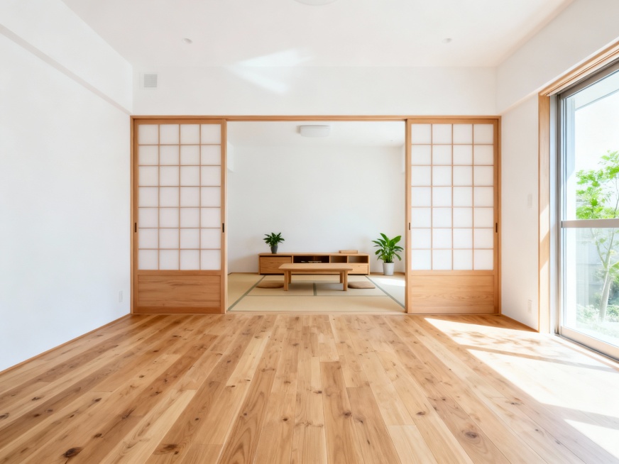 生成背景是一个日式室内场景，要求光线明亮，画面清新，正面，地面部分多一些，平行预览效果
