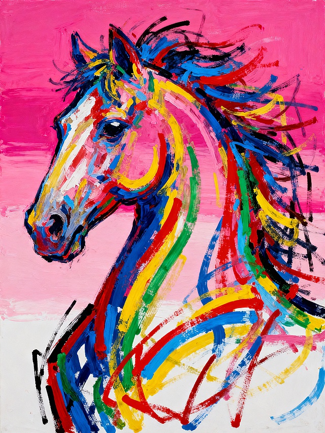 凌乱的外轮廓，及其狂野随意的线条，纯涂鸦记号笔画，高饱和抽象马首形状（狂野奔放的彩色曲线，空隙）；鬃毛飞扬；及高饱和粉渐变背景（上下深粉，中间浅粉）；风格是抽象主义+笔触风格，兼具强烈的色彩碰撞与自由的笔触张力；色调色彩以红、蓝、黄、绿为主