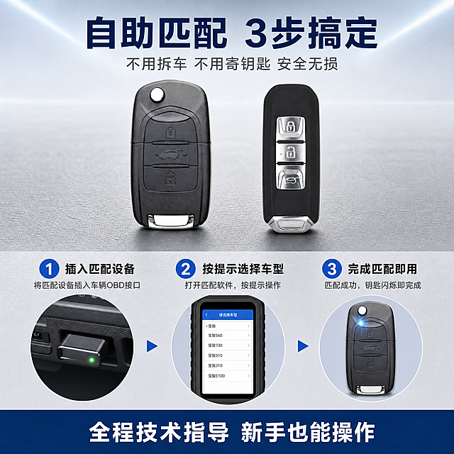 [主图-2] 宝骏汽车遥控钥匙核心卖点图，自助匹配流程展示。
[氛围风格] 专业可信、步骤清晰、汽车维修服务感；
[画质] 商业摄影质感、光线明亮均匀、产品清晰真实、信息层级分明。
[元素] 画面上方居中展示两款宝骏汽车钥匙（折叠款+智能款）并排摆放，钥匙主体占画面约40%，放置在浅灰色汽车中控台质感台面上，台面有细腻纹理。钥匙下方是三步匹配流程横向排列，每步配一个圆形图标和操作小图：第一步图标是汽车OBD接口示意图+"插入设备"，第二步图标是手机/匹配仪界面+"按提示操作"，第三步图标是钥匙闪烁+"匹配完成"。背景为浅灰色渐变，顶部有微弱蓝色光带。**保持两款钥匙外观（即物理结构、材质质感、颜色、按键布局）与输入产品图绝对一致，杜绝任何变形和色差，精细化处理；钥匙与台面有真实接触阴影，无悬浮感**。
[光影] 顶部柔光均匀照射，钥匙金属按键有自然高光，台面有柔和反射；整体明亮干净，专业服务感。
[配色] 主色浅灰背景；辅色深蓝；强调色亮蓝（步骤数字）。
[视角构图] 俯视偏平视，上半部分产品展示，下半部分三步流程；整体满版排布，信息密度高。
[文字版式] 顶部大标题"自助匹配 3步搞定"，深蓝色粗黑体，居中。标题下方小字副标"不用拆车 不用寄钥匙 安全无损"，灰色。中部三款钥匙下方三步流程横排，每步上方有蓝色圆形数字编号"1""2""3"，编号下方步骤名称：「插入匹配设备」「按提示选择车型」「完成匹配即用」，黑色中号字。每步名称下方有一行更小的说明文字。底部通栏深蓝条，白字"全程技术指导 新手也能操作"。
[输出要求] 1:1比例，文字清晰可辨，超高清商业摄影质感。
[负向提示词] 变形，文字错乱，产品图模糊，背景杂乱，水印，电商平台Logo，多余的手，畸形手。