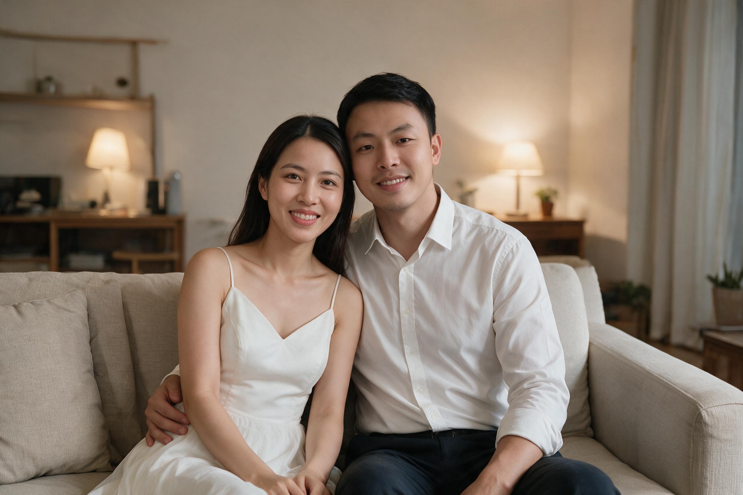 高度还原参考图中两人的面部特征和样貌，一对真实亚洲新人的居家婚… - 图片创意预览