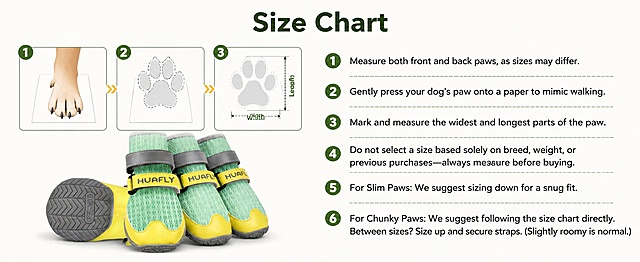 [第1屏] Size Chart Measurement Guide for Mesh Dog Shoes. This screen uses [image1] as the product display and [image2] as composition reference.
[氛围/风格] Clean, minimalist, professional Amazon A+ style, low saturation background, real product presentation, high clarity commercial graphic design.
[元素布局] Layout divided into left illustration area and right text area. Left side has three sequential step illustrations showing paw measurement, with green and yellow color matching the product; right side has step-by-step text instructions. Product image placed at bottom left. Title Size Chart placed at top center. All product structure, color, and texture consistent with input image 1.
[光影质感] Soft and even lighting, clear text and illustrations, natural shadow, good contrast between text and background.
[配色色系] Global background color #f8f8f8, main color light green matching shoe mesh, auxiliary color yellow matching shoe toe cap, title text dark green.
[视角构图] Horizontal layout, 1464x600 resolution, clear reading flow from top title to left steps to right text, product information naturally presented.
[文字版式] Main title Size Chart at top center, bold sans-serif font. Six steps text placed on right side corresponding to left illustrations, text clearly readable, no occlusion, follow user's provided text exactly:
1. Measure both front and back paws, as sizes may differ.
2. Gently press your dog's paw onto a paper to mimic walking.
3. Mark and measure the widest and longest parts of the paw.
4. Do not select a size based solely on breed, weight, or previous purchases—always measure before buying.
5. For Slim Paws: We suggest sizing down for a snug fit.
6. For Chunky Paws: We suggest following the size chart directly.
Between sizes? Size up and secure straps. (Slightly roomy is normal.)
[比例分辨率] 1464x600 pixel size, 97:30横版 (Amazon A+ standard), 4K high definition, all text clear and recognizable.
[负向提示词] distorted product, wrong text, missing text, blurry product, text overlap, wrong color, chinese characters, watermark.