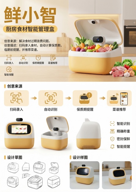 仿照参考图片格式设计厨房食材智能管理盒产品海报，保持原海报排版结构：顶部大标题，产品主图，功能介绍，功能流程图，产品多图展示模块。包含大字体文字：作品名称“鲜小智”，创意来源、创意描述“扫码录入食材，预览效果