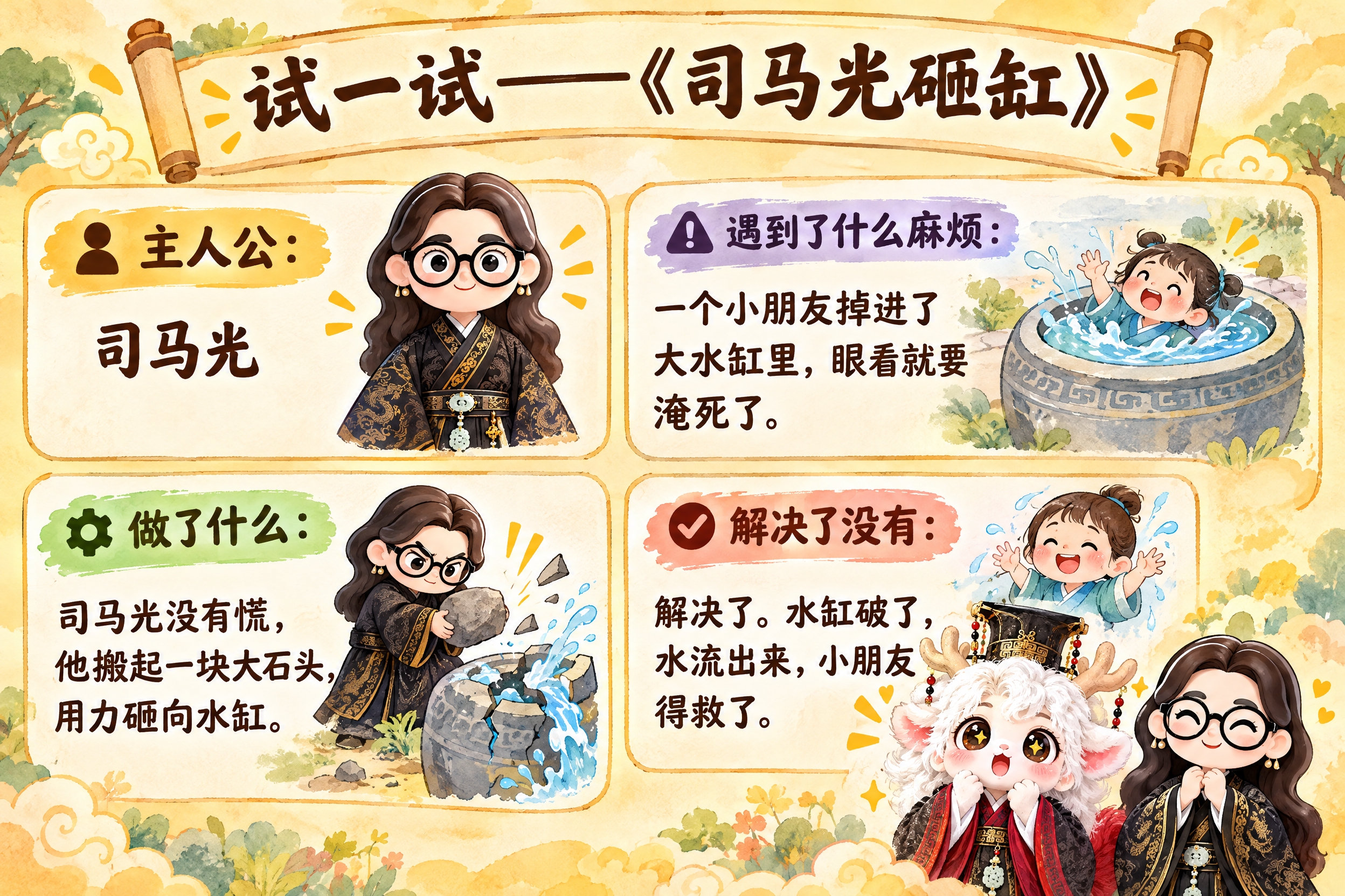 横版6寸比例的知识卡片设计，标题为"试一试——《司马光砸缸》"… - 图片创意预览