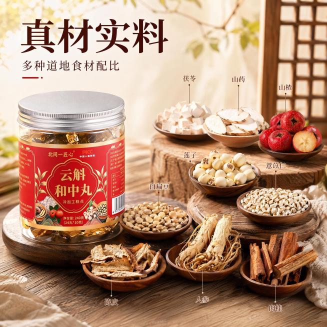 [主图-2] 云斛和中丸核心原料展示图
[氛围风格] 自然真实，天然纯净，国风养生氛围
[画质] 商业摄影质感、光线柔和通透、产品清晰真实、画面干净高级
[元素] 左侧为完整云斛和中丸罐装产品，右侧分预览效果