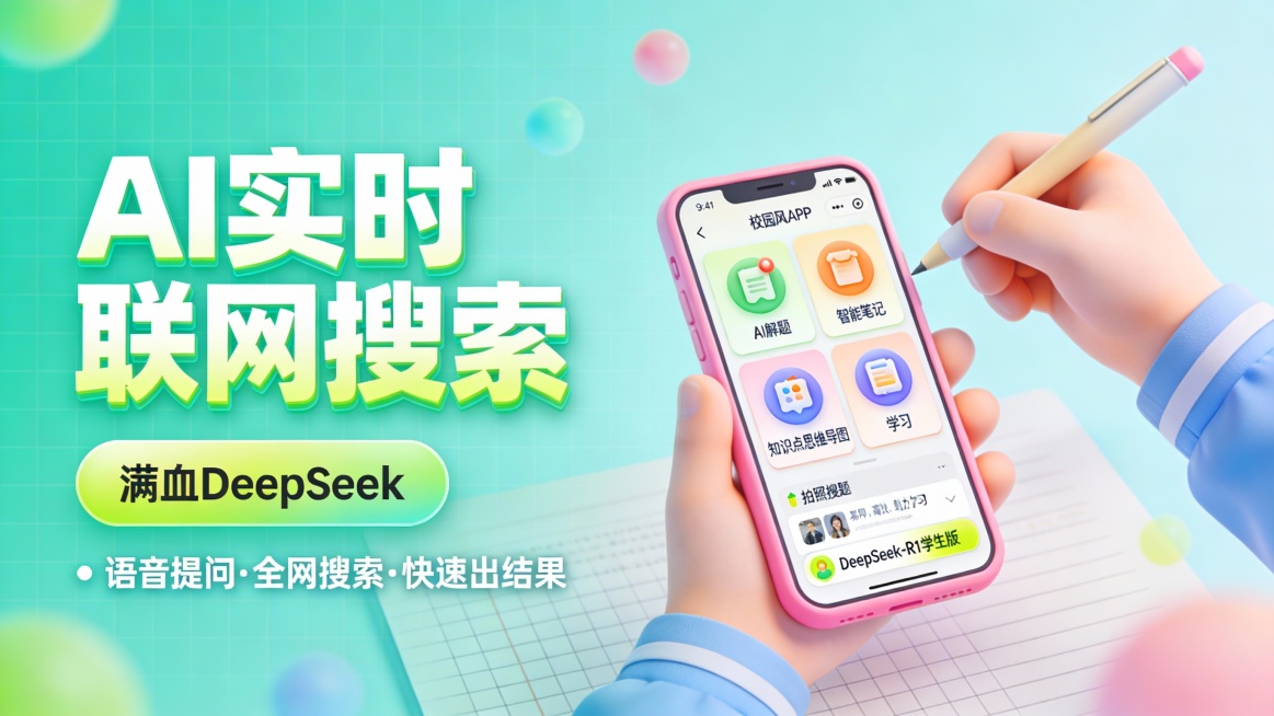 这是一张主打校园学习场景的科技感 AI 功能推广图，采用左文右图构图。左侧以青柠绿网格背景为底，突出显示巨大荧光白渐变立体字 “AI 实时联网搜索”，下方是青柠绿渐变按钮 “满血 DeepSeek”，预览效果