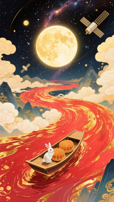 梦幻奇幻风格插画，全景，小船（漂浮在红金色河流上，船上有玉兔和两个月饼 ）居画底部，星空漩涡从小船向四周扩散成漩涡状星空（红金色交织） ，中央巨大的发光满月，卫星，超现实的星空河流世界，梦幻感，色彩以预览效果