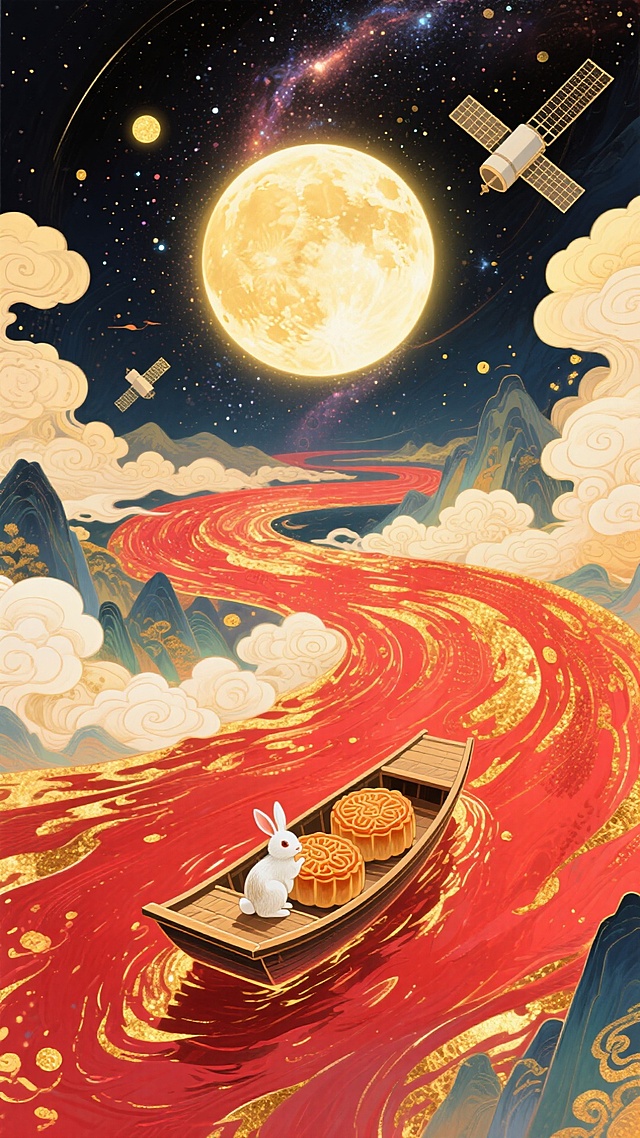 梦幻奇幻风格插画，全景，小船（漂浮在红金色河流上，船上有玉兔和两个月饼 ）居画底部，星空漩涡从小船向四周扩散成漩涡状星空（红金色交织） ，中央巨大的发光满月，卫星，超现实的星空河流世界，梦幻感，色彩以深邃红、暖黄为主，搭配金色点