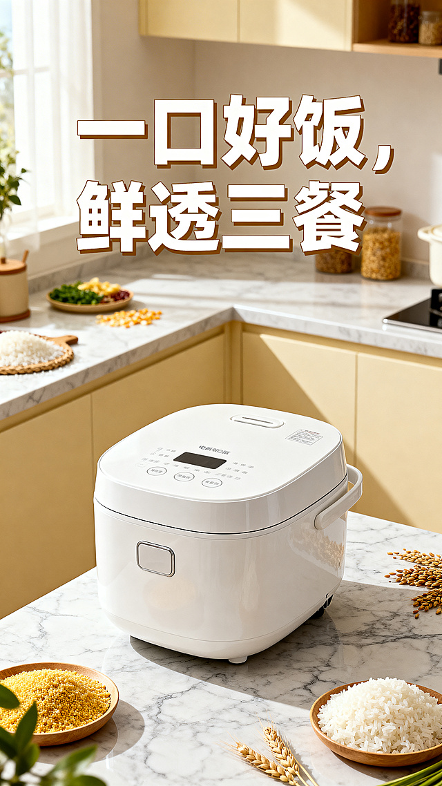 电饭煲电商广告宣传图，现代简约厨房场景，白色智能电饭煲放置在哑光岩板台面上，背景干净明亮，点缀新鲜米饭和谷物，整体温馨治愈，加上醒目的广告语"一口好饭，鲜透三餐"，高端质感氛围图
