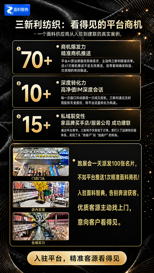 修改这张海报的第四模块（三张门店图片右侧区域）：去掉金色小标题，将下方的正文文案全部改为金色字体，字体样式和颜色与上方模块的金色标题一致，字号放大更醒目。左侧三张图片不变，顶部logo、主标题、三个数据模块、底部金色按钮全部保持不变。整体黑金高端风格统一。