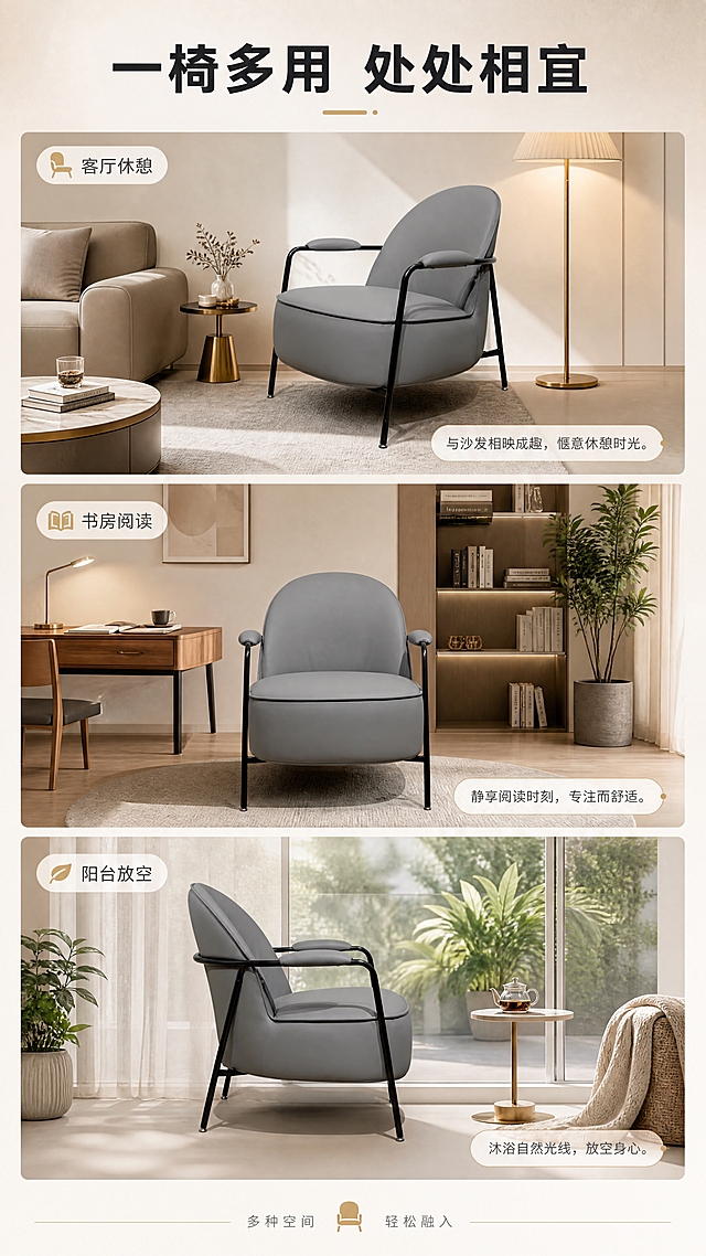[商品] 使用【图1】D8812B灰色休闲椅；保留造型、颜色、材质与比例；分别融入三个不同场景，每场景椅子外观一致，增强场景融合度与光影一致性，不改变产品结构。
[画面] 目标：多场景适配页，展示椅子百搭属性。构图：三宫格竖排，从上到下依次为客厅场景、书房场景、阳台场景，每格左上角小字场景标签。角度：每格产品角度略有变化（客厅45°、书房正面、阳台侧视），避免重复。景别：每格中景，产品清晰可见。前中后景：每格独立场景，各有3层软装层次；客厅=沙发旁+边几+落地灯；书房=书桌旁+书架+绿植；阳台=落地窗+小茶几+毛毯。阅读动线：从上到下依次浏览三场景。
[视觉] 套系策略：风格=现代轻奢高级家居商业摄影；标题字=现代简约粗黑体；正文字=纤细无衬线体；主色=浅米白+高级灰；背景延展=基于浅米白做同色系深浅渐变、微水泥墙面质感、柔光漫射；强调色=暖香槟金，仅用于小面积图标、引线和标签；标题色=深炭灰；正文色=中暖灰；组件=圆角浅底信息卡、细线引线、极简icon；光影=左前侧暖柔自然光，明亮通透，亮色调为主，阴影柔和不生硬；三格光影统一为暖调自然光。
[文字] 顶部通栏主标题「一椅多用 处处相宜」（8字）。三格各配左上角场景名标签：「客厅休憩」「书房阅读」「阳台放空」，每格右下角加1句短文案。底部一行小字：「多种空间 轻松融入」。文字全部横排。
[规格] 图片比例9:16竖版，分辨率4K，quality=medium。避免变形、错字、文字过小、冷蓝背景、产品颜色改变、结构失真、极限词。