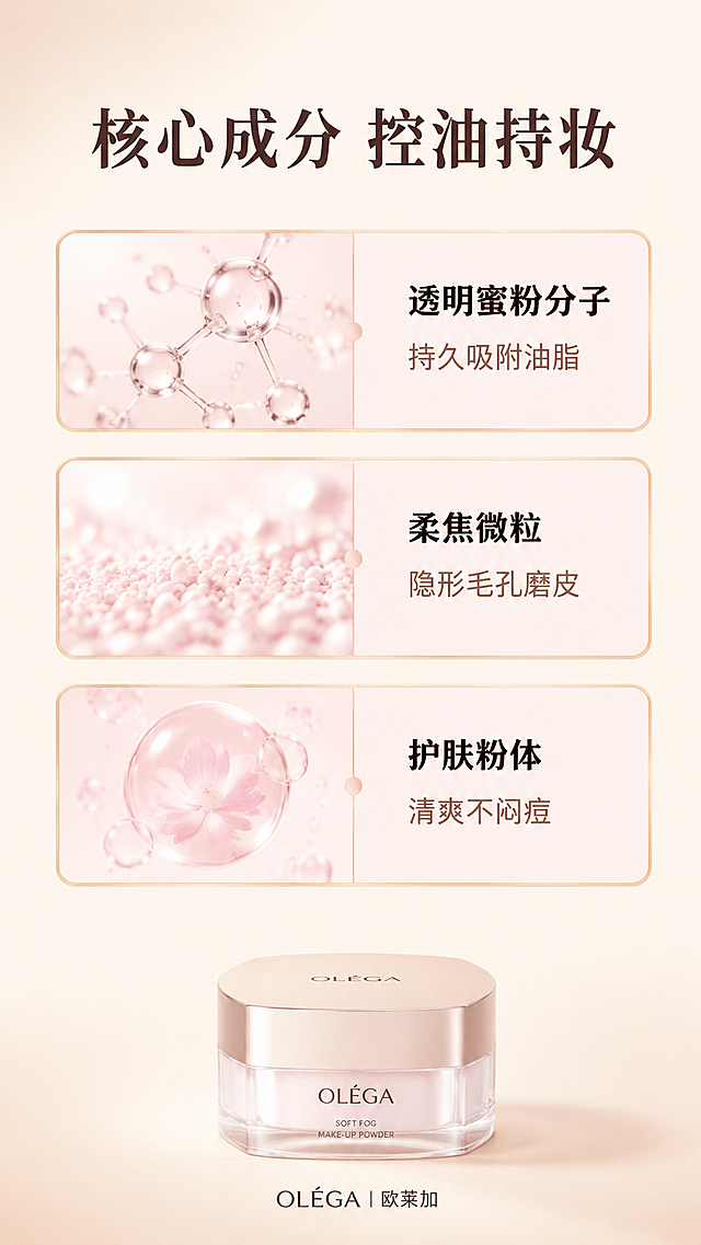 [第3屏] 核心成分功效专屏-欧莱加定妆散粉核心功效讲解。
[氛围/风格] 专业科研风，简约干净，质感高级，信息清晰突出，符合美妆成分展示逻辑。
[元素布局] 背景采用浅暖米色渐变，顶部放置大标题「核心功效 持妆控油」。中部采用双行成分网格布局，每行分为成分区和利益区。第一行：透明蜜粉分子｜持久吸附油脂；第二行：柔焦微粒｜隐形毛孔磨皮；第三行：护肤粉体｜清爽不闷痘。每个成分卡片搭配浅金色圆角边框，成分名加粗，利益说明浅色字，整体排版整齐，信息密度适中，底部放置完整散粉产品缩小版，保持包装结构颜色与原图一致。
[光影质感] 整体均匀柔光，每个卡片边缘清晰有轻微阴影，突出层次感，产品底部有自然投影，整体通透干净。
[配色色系] 全局底色：#FCF8F3（浅暖米）；主体配色：#333333（深棕文字）+ #E8C39E（玫瑰金边框）+ #F8D7E0（浅粉卡片）；辅助色：#555555（文字灰）。
[视角构图] 平面网格构图，从上到下依次为标题、成分网格、产品展示，中心对齐，左右留白均匀，结构清晰。
[文字版式] 顶部大标题「核心成分 控油持妆」居中深棕色，字号为画面宽度6%。成分网格中成分名加粗深棕色，利益说明常规字重浅棕色，每行文字对齐清晰，不挤不堆。底部产品缩小居中，下方标注品牌名称，字号小巧清晰。
[比例分辨率] 9:16竖版比例，4K分辨率，文字清晰可辨，超高清。
[负向提示词] 成分网格错乱，文字重叠，产品变形，颜色偏差，背景杂乱，水印，夸大虚假功效表述。