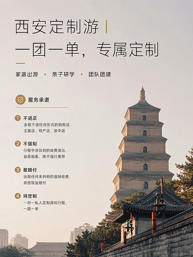 小红书图文笔记封面，西安定制游主题，实景实拍为基底，极简构图，克制高级质感，年轻化视觉语言，无廉价花哨元素，轻奢氛围感与清爽干净简约调性，贴合18-35岁年轻群体审美。背景为西安城市地标实景（大雁塔/城墙/大唐不夜城），暖灰色调，电影级质感，大面积留白。封面完整文案：主标题大字「西安定制游 | 一团一单，专属定制」，副标题「家庭出游 · 亲子研学 · 团队团建」，服务承诺标题「服务承诺」，四条承诺分别为「1. 不进店 全程不进任何形式的购物店、玉器店、特产店、景中店」、「2. 不强制 行程中涉及到的自费演出、自愿观看，绝不强行推荐」、「3. 敢赔付 出现任何未列明的强制收费，双倍现金赔付」、「4. 纯定制 一对一私人定制游玩行程，一团一单」。字体现代高端无衬线细体，排版精致有序，字间距舒适，色彩以黑白灰为主，点缀低饱和金棕色，整体高级简约有质感，小红书封面风格，3:4竖版比例