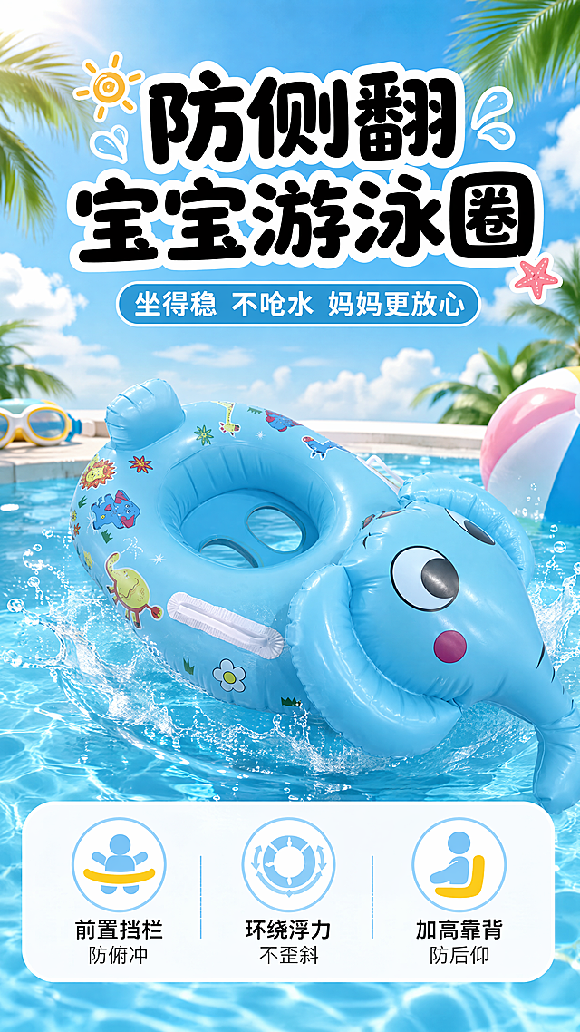 [第1屏] 详情页头图主视觉 - 大象造型婴儿游泳圈坐圈夏日泳池宣传海报。本屏使用【图1】作为商品主体。
[氛围/风格] 清爽夏日童趣风，明亮活泼，商业摄影质感，拼多多风格大字报，视觉冲击力强。
[元素布局] 蓝色大象游泳圈置于画面中央偏下，占比约55%，漂浮在清澈的泳池水面上，水花四溅；背景是蓝天白云+泳池边的棕榈叶、彩色沙滩球、游泳镜等夏日元素；产品保持原图的天蓝色、大象头部造型、卡通动物印花、白色扶手、镂空坐兜结构完全一致。
[光影质感] 上方自然光柔和照射，水面有波光反射，游泳圈表面有明亮高光，整体通透清爽。
[配色色系] 全局底色渐变 #87CEEB 天蓝到 #E0F7FF 浅蓝；主色天蓝+白色；辅助色橙黄、粉红点缀。
[视角构图] 正面微仰视，产品为视觉中心，阅读动线顶部大标题 → 中部产品 → 底部卖点条。
[文字版式] 顶部大标题「防侧翻宝宝游泳圈」，粗黑圆润字体，白色描边；副标题「坐得稳 不呛水 妈妈更放心」；底部3个卖点图标条：「前置挡栏防俯冲」「环绕浮力不歪斜」「加高靠背防后仰」；文字不遮挡产品主体。
[比例分辨率] 9:16竖版比例，4K分辨率，文字清晰可辨，高清画质。
[负向提示词] 产品变形，颜色偏差，结构错误，缺件错件，文字错乱，水印，背景杂乱，人物变形。