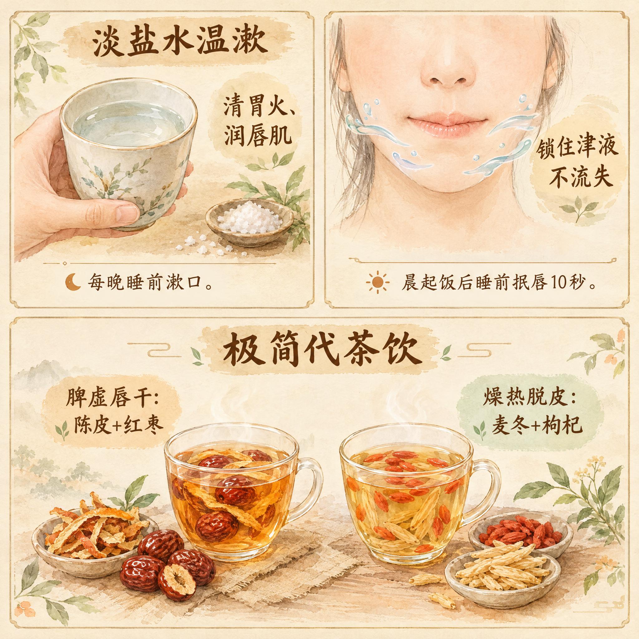 中医养唇方法组合插画，三栏式布局，整体风格为清新淡雅的水彩手绘… - 图片创意预览