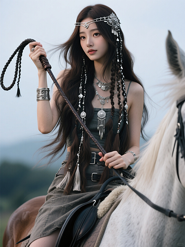真人摄影，山海经巫山神女，皮草，复古装饰，银饰，金属额饰，碎发随风摆动，复古发饰，超长流苏，很多细碎辫子，唯美朦胧美，手拿皮鞭，骑在马背上。 神秘，安静，清冷感妆容，y2k时尚精致服饰，黑茶色长发，发型分层剪裁，发尾保留整体长发垂坠感，内外层通过层次落差形成立体轮廓，大师级审美