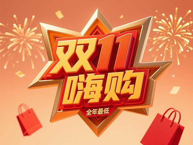 复古狂欢风 3D 尖锐字体设计，核心文字 “双 11 嗨购” 采用双层结构：外层为暖金色金属质感，棱角锋利且边缘泛橙红色光泽，内层填充明亮的橙黄色，模拟复古海报的撞色效果；小字 “全年最低” 以红色警戒线纹理嵌入字体笔画间隙，线条带有复古印刷的肌理感。背景为柔和的渐变橙色调，点缀金色礼花光效与红色购物袋剪影元素