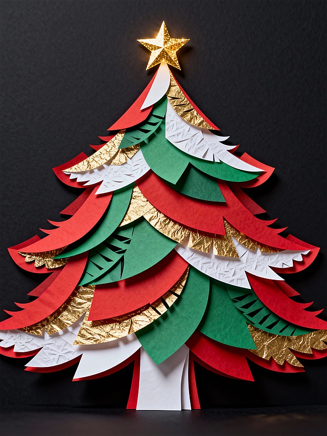 剪纸风与拼贴风结合的圣诞树，红绿金白层层叠叠，几何造型简约生动，金色星星点亮节日喜庆，温馨趣味跃然纸上。
