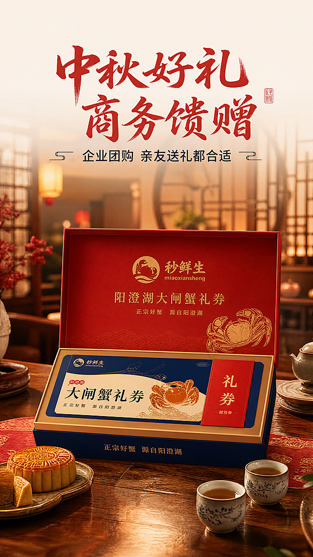 「图片1」，生成详情页，商品名称为秒鲜生大闸蟹礼券，适配淘宝/天猫平台，单图比例为9:16，需求屏数为8张。「图片1」