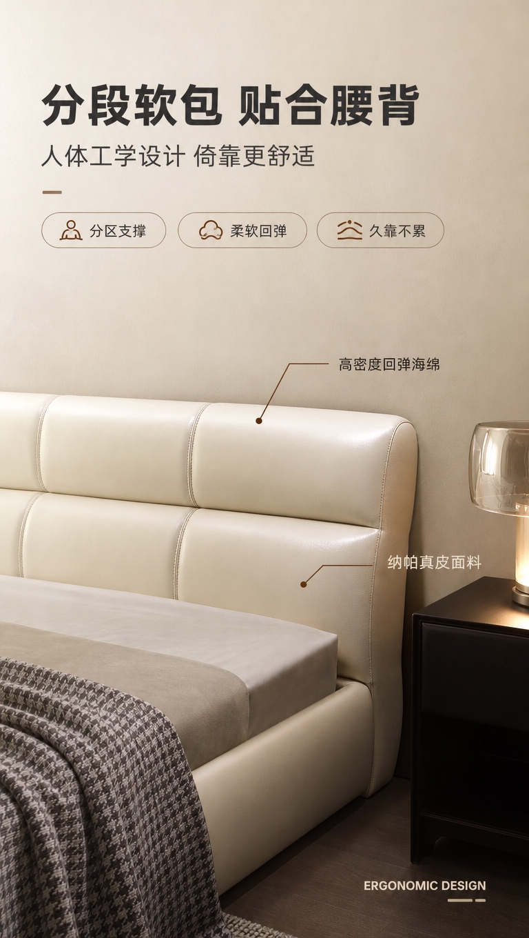 [商品] 使用【图1】米白色意式极简落地款围边真皮床；保留床头… - 图片创意预览