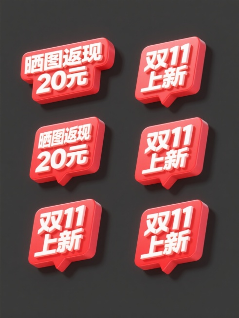 6个规整排布的促销标签素材，每个标签为单一内容的立体设计，采用红色与白色为主色调，具有强烈的3D立体效果和鲜明的色彩对比，标签文案为“晒图返现20元”、“双11上新”，每个标签均为纯色背景，整体呈现出预览效果